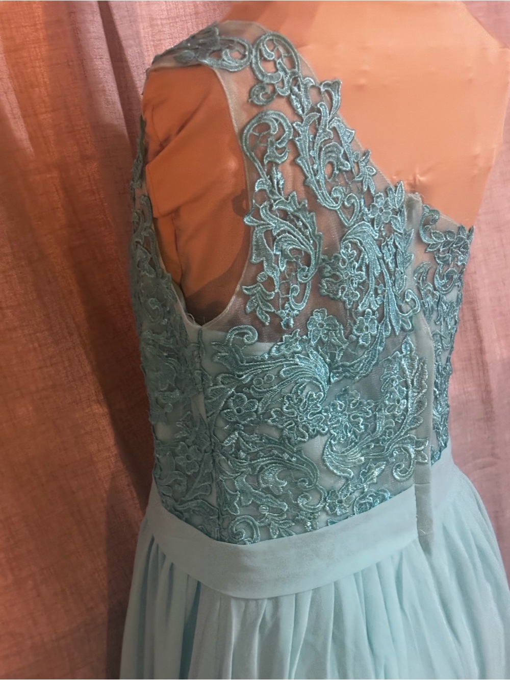 One-Shoulder Lace Bodice Chiffon Maxi Dress - Aqua Blue - Picture 6 of 9